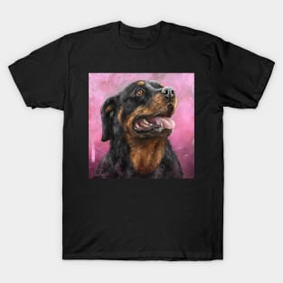 Painting of a Gorgeous Rottweiler with Its Tongue Out, Purple Spattered Background T-Shirt